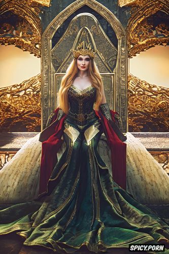banners, long golden blonde hair in a braid, throne room, full lips