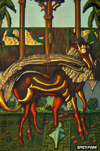 tapestry, old dusty painting, low resolution, knight, equus caballus