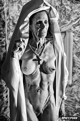 glasses, full body, angry look, nun, pierced nipples, empty hanging wrinkled breasts
