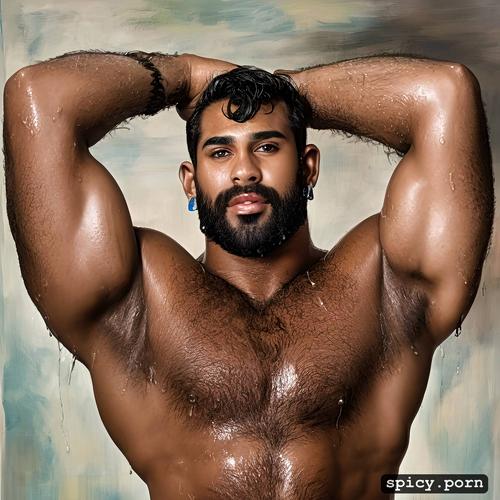 guy, one alone naked athletic pakistani man, hairy armpits, hairy body