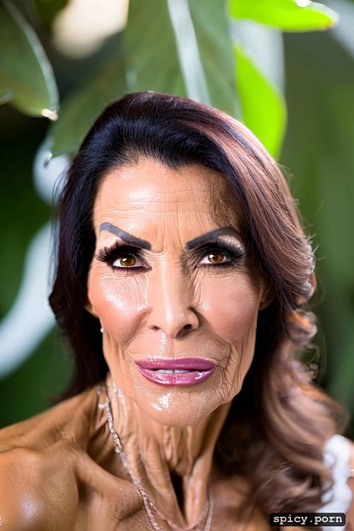 a ultra pointy chin, and a long neck, jasmine jae face mature wrinkled 50 year old arab woman with sunken cheeks