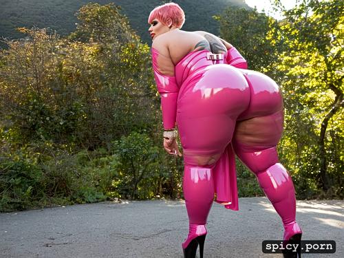 wide hips, chubby, pink latex thigh high high heels, sagging tits