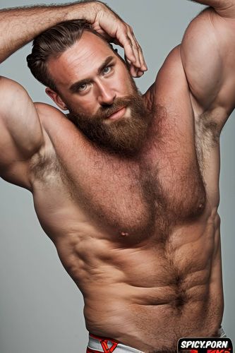 bearded nad hairy sexy, and dominant sexy face big dick erection big hanging testes strong bodybuilder man