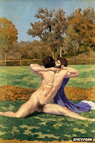 degas, paul cézanne, félix vallotton, maurice denis, two hairy bearded gay nude males intimate tender close men freedom topless dancing and laughing in the autumn leaves painterly modern post impressionist fauves erotic art