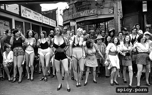 perky breasts, crowd watching, panic, irving klaw, full body