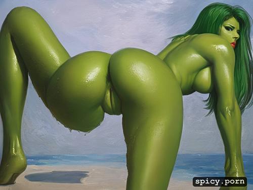 view from behind, slim body, she hulk, wet pussy, bending over