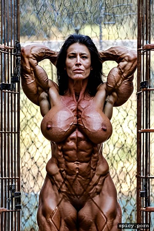 style photo, realistic, strength effort, no missing limps, nude muscle woman breaking thick iron bars