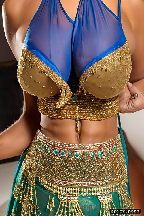 veins on full body and boobs, lehenga, close up, six pack abs