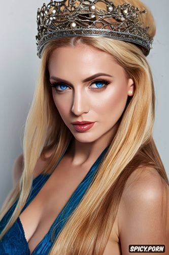 blue eyes, diadem, flowing low cut brown dress with animal pelts