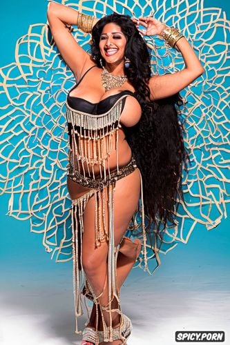 busty, beautiful belly dance costume, full body view, gigantic saggy tits