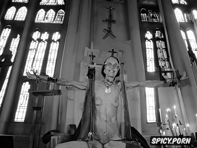 naked, stained glass windows, bony, smiling glasses, nun, spreading legs