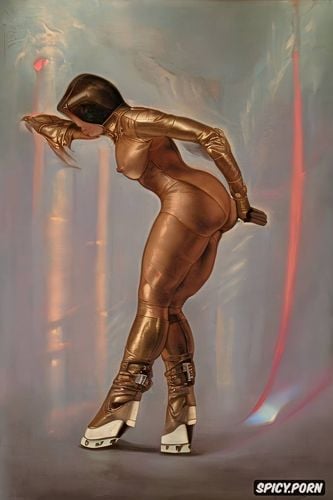 female officer, ice skating, low angle shot, pyotr krivonogov oil painting