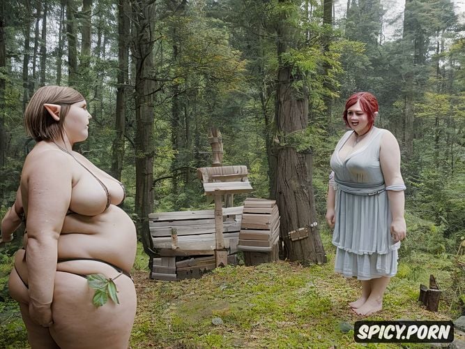 short chubby goblin with huge boobs teasing a slender petite captive elf with short pixie hair