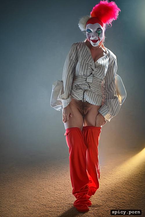 clown in loose baggy onesie costume and red nose makeup she stands alone in a spotlight in the darkened sawdust circus ring exposing her naughty hairy vulva what a rude clown