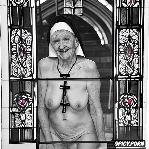 grey hair, stained glass windows, bony, pierced nipples, ninety year old