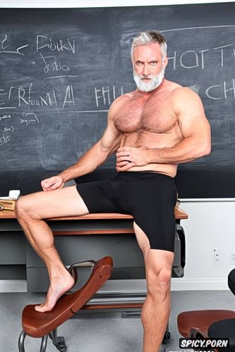 big hard dick, big testicles, grey hair, 4k, in classroom, sitting in chair