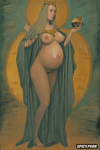 holding a globe, wide open, renaissance painting, pregnant, robe