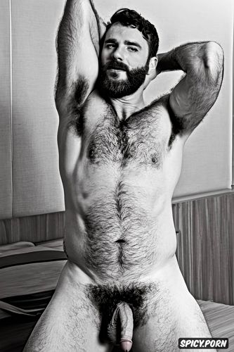 solo chubby old hairy gay man with a big dick showing full body and perfect face beard showing hairy armpits indoors beefy body dark brown hair man type