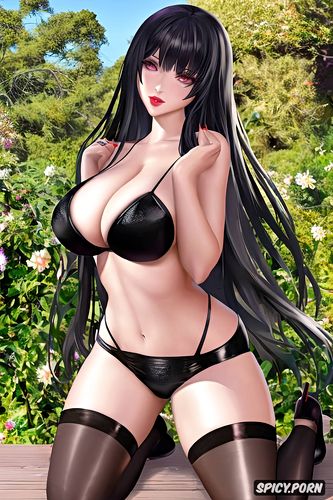shiny, and massive big juicy breasts with perky hard nipples that are peaking through the kimono kuro wears stockings and black a pitch black kimono that slightly covers her oiled curvy divine body her shoes are long
