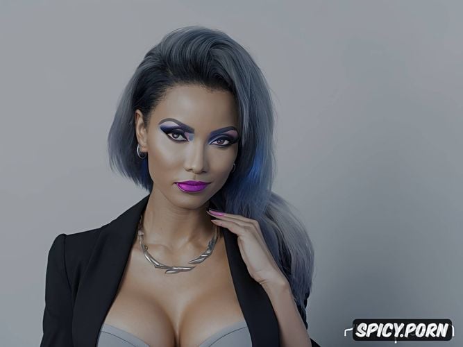 blue hair, black lady, fit body, perfect face, featureless gray background