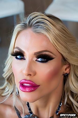 eye contact, duck face, bimbo babe, huge false eyelashes, glossy liquid lip gloss