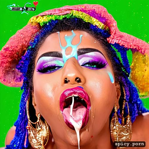 semen in mouth, cum everywhere, in a high resolution 4k image many colors an 30 year old berber woman adorned with hair jewelry staring straight into camera with tongue out in a face portrait with a very long neck in a necklace sticking her very long tongue out in the camera tongue ring long tongue pink tongue tongue out cum on tongue cum all over face pov bukkake bimbo pouty lips square jaw glitter lipstick bukkake