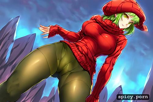 red sleeves, yellow eyes brown, red sweater covering the hips short light green hair