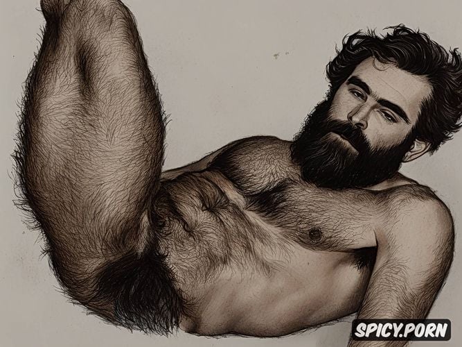 full shot, 30 40 yo, natural thick eyebrows, detailed artistic nude sketch of a well hung bearded hairy man