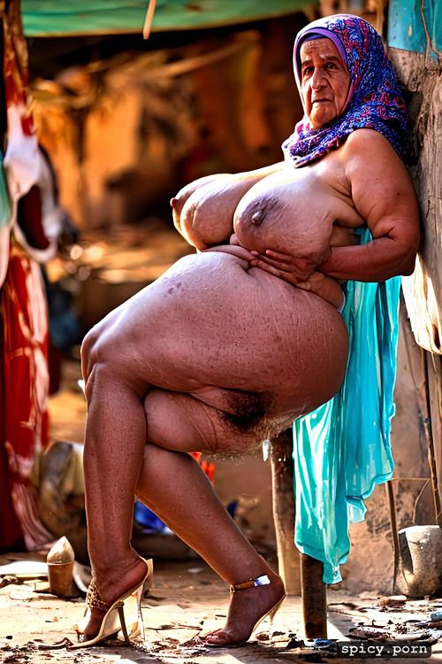 massive ass, massive pubic hair, traditional arabic dress, in filthy slum with beggars