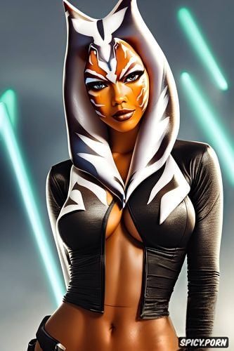 masterpiece, k shot on canon dslr, ultra detailed, ahsoka tano star wars ahsoka beautiful face slutty black jedi robes small perky natural breasts