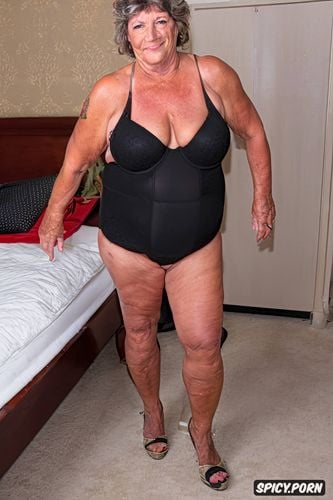 gilf, looking at camera wide hips in bedroom, large saggy breasts