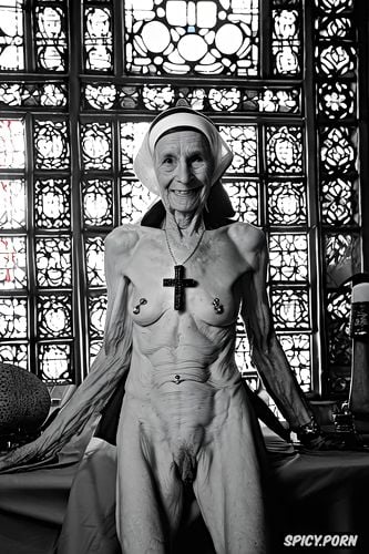 nun, very old ugly granny, church, smile, grey hair, naked, glass of beer