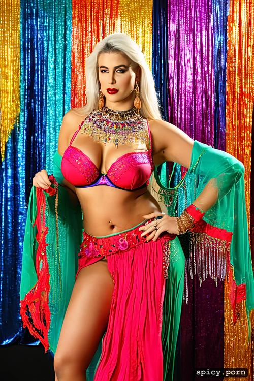 italian bellydancer, thick, beautiful bra, color image, colorful costume