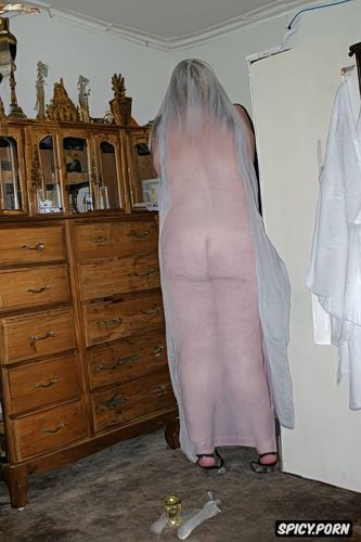 ghost with transparent shape of naked fat old woman in a haunted house