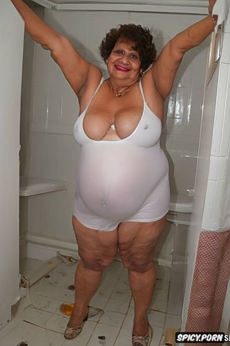 wearing a sleeveless white sheer jumpsuit, she smile, a photo of a short ssbbw hispanic pregnant granny standing up in the badroom