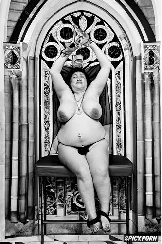stained glass windows, cross necklace, very old granny nun, fat hanging belly
