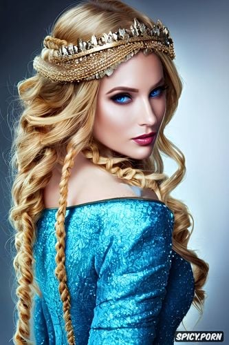 flowing royal gown, medium round perky natural breasts, long golden blonde hair in twin braids