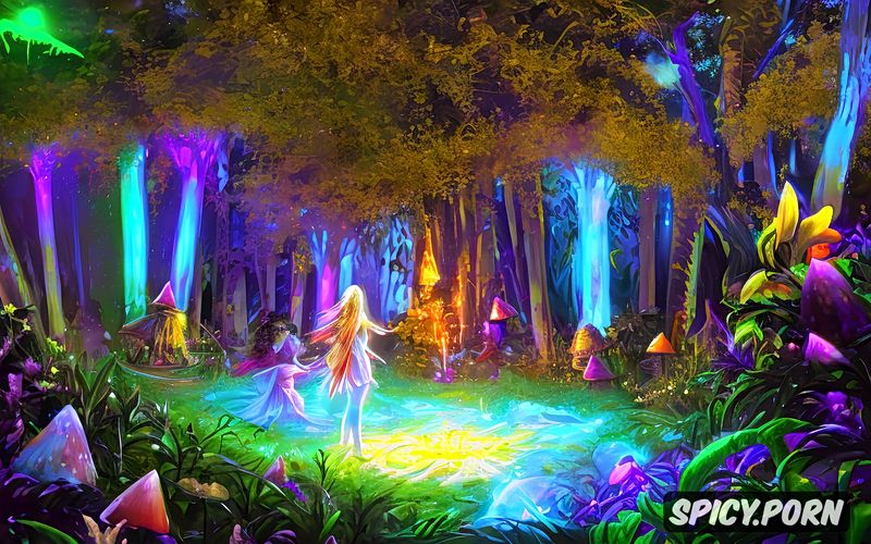 fantastic scene, magic mushrooms glowing in the dark, cute petite naked fairy teens playing hide and seek