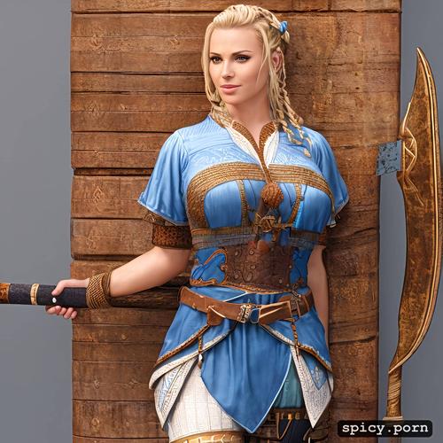a blonde viking mule with big breasts and braided hair sitting in front of a hut with a sensual light blue outfit on her left side leaning against the wall a war ax and on her right side leaning against the wall a shield and sword