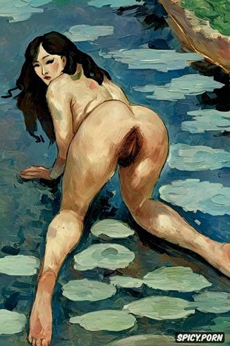 cézanne painting, wide hips, hairy vagina, fat thighs, lifting one leg