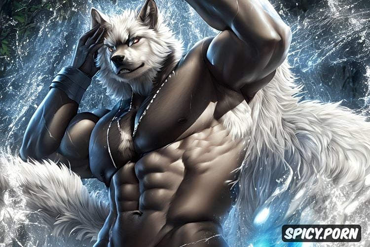 big pecs bulge, anthro, a furry character wolf thats mostly gray with some black fur on his back and legs with a white torso his head has black and white fur and has dog wolf like ears which has black fur on it