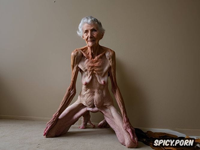 very old granny, naked, indoors, holding small saggy breast