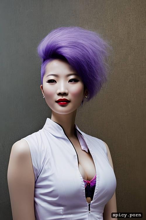 skinny body, chinese female, piercing, purple hair, long hair
