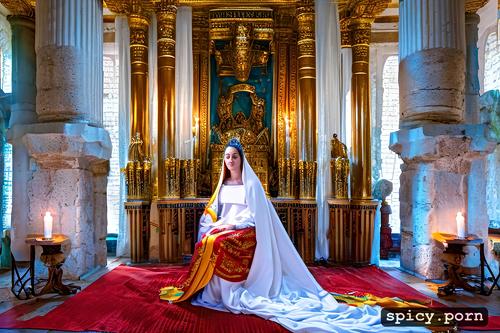 inside ancient temple, ceremonial clothing, virgin mary, high resolution