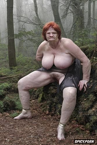 red hair, huge open vagina, very old granny, in the dark forest
