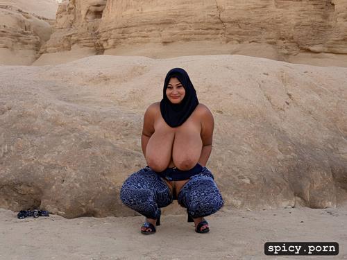 squatting for photo, sexy egyptian clothing, hyper detail, huge swollen nipples