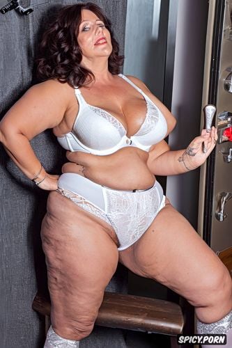 pointed bullet bra, intricate hairstyle, eye contact, jewish curvy white matron