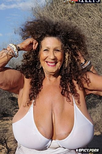 extremely busty, in desert, long curly hair, beautiful smiling face