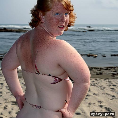 flat chest, ginger, high detail face location beach, chubby body