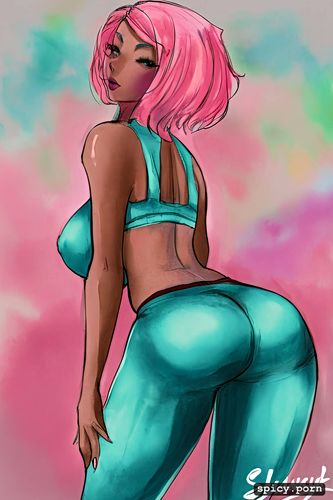 little tits, ebony lady, pink hair, short hair, thick body, yoga pants